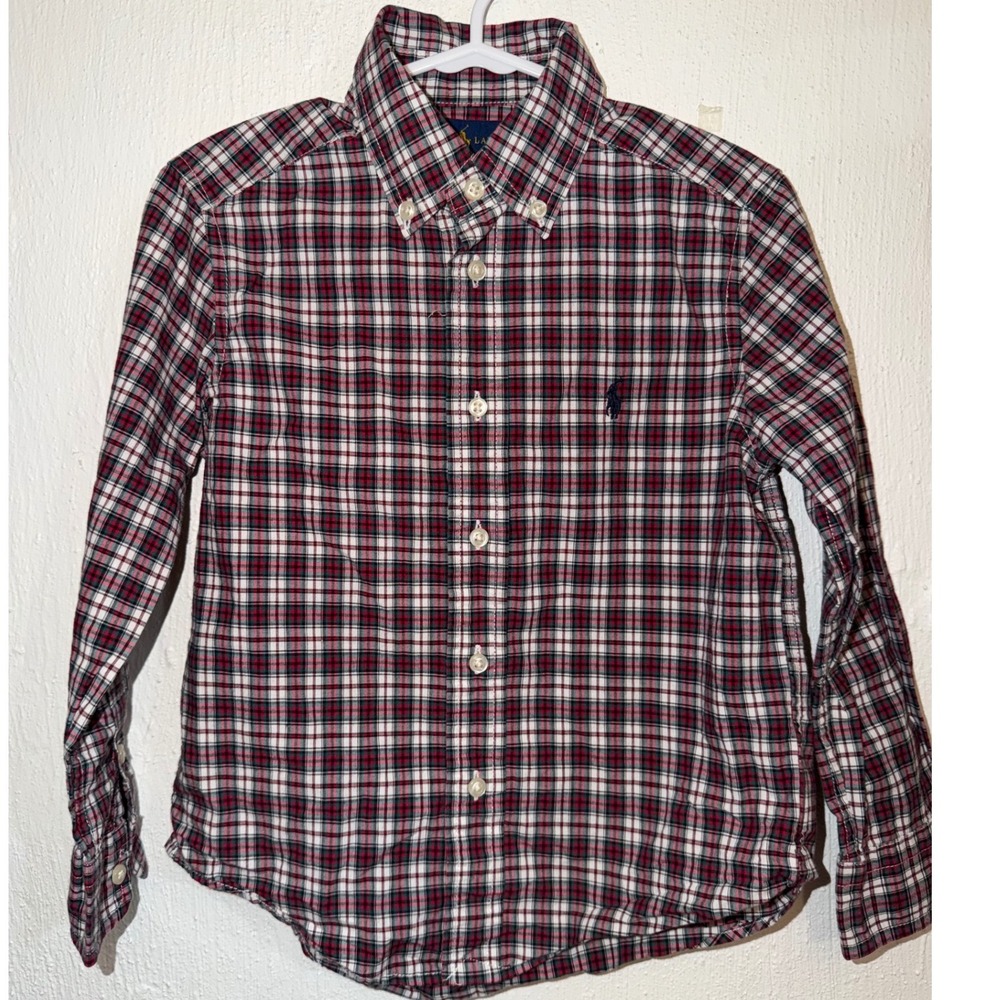 Polo Ralph Lauren Boys Red White Blue Plaid Button Down Shirt Size 4 4T